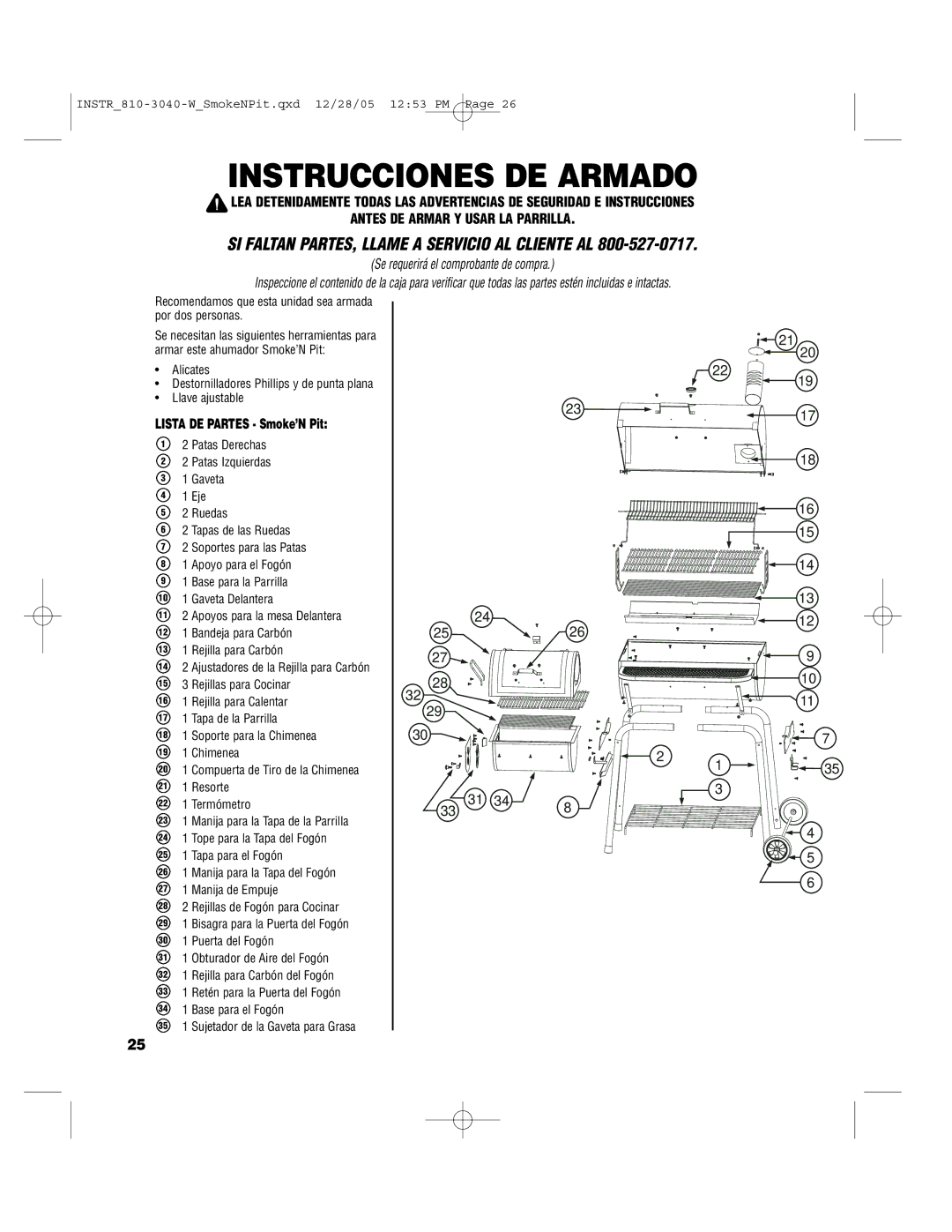 Brinkmann Smoke'n Pit owner manual Instrucciones DE Armado, Lista DE Partes Smoke’N Pit 