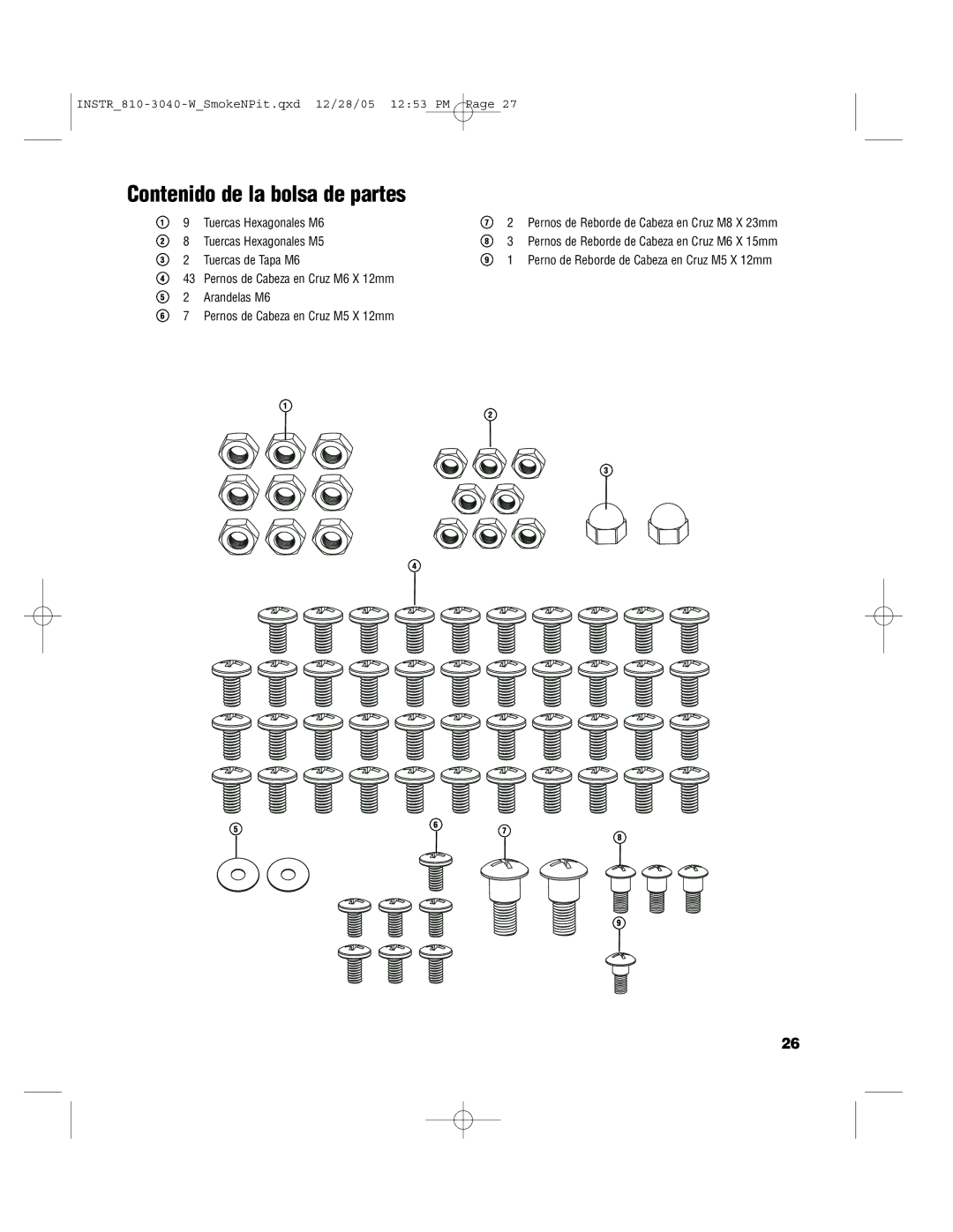 Brinkmann Smoke'n Pit owner manual Contenido de la bolsa de partes 