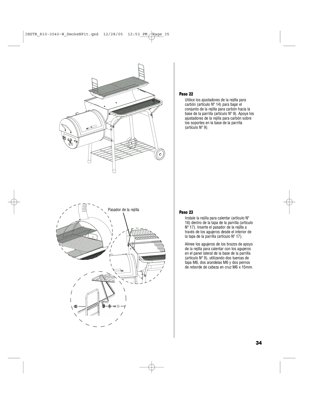 Brinkmann Smoke'n Pit owner manual Pasador de la rejilla 