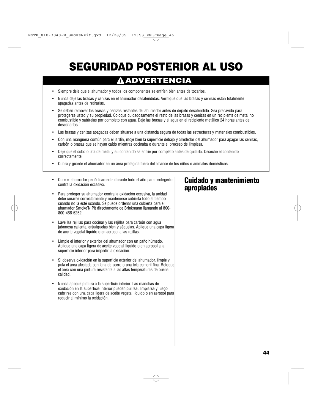 Brinkmann Smoke'n Pit owner manual Seguridad Posterior AL USO 