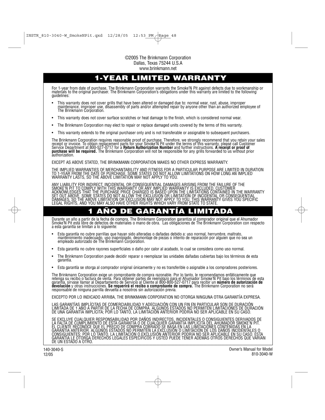 Brinkmann Smoke'n Pit owner manual Year Limited Warranty 