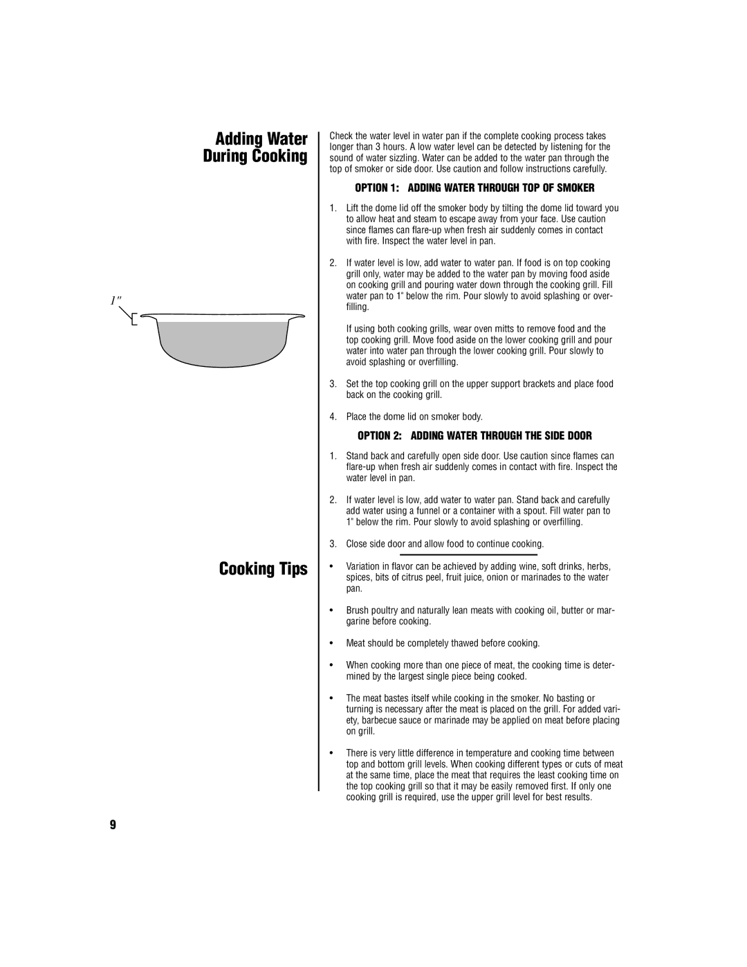 Brinkmann owner manual Option 1 Adding Water Through TOP of Smoker, Option 2 Adding Water Through the Side Door 