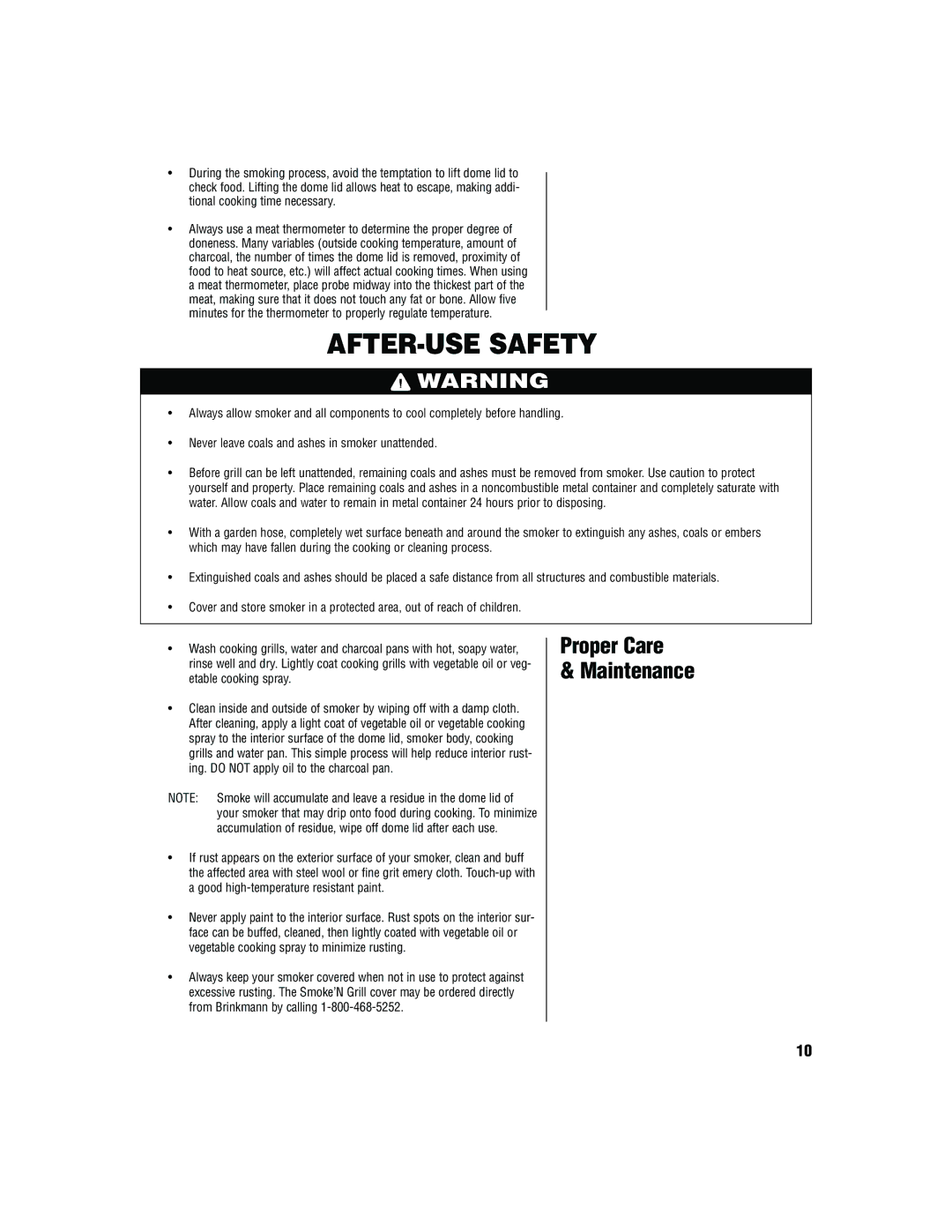 Brinkmann Smoker owner manual AFTER-USE Safety, Proper Care Maintenance 