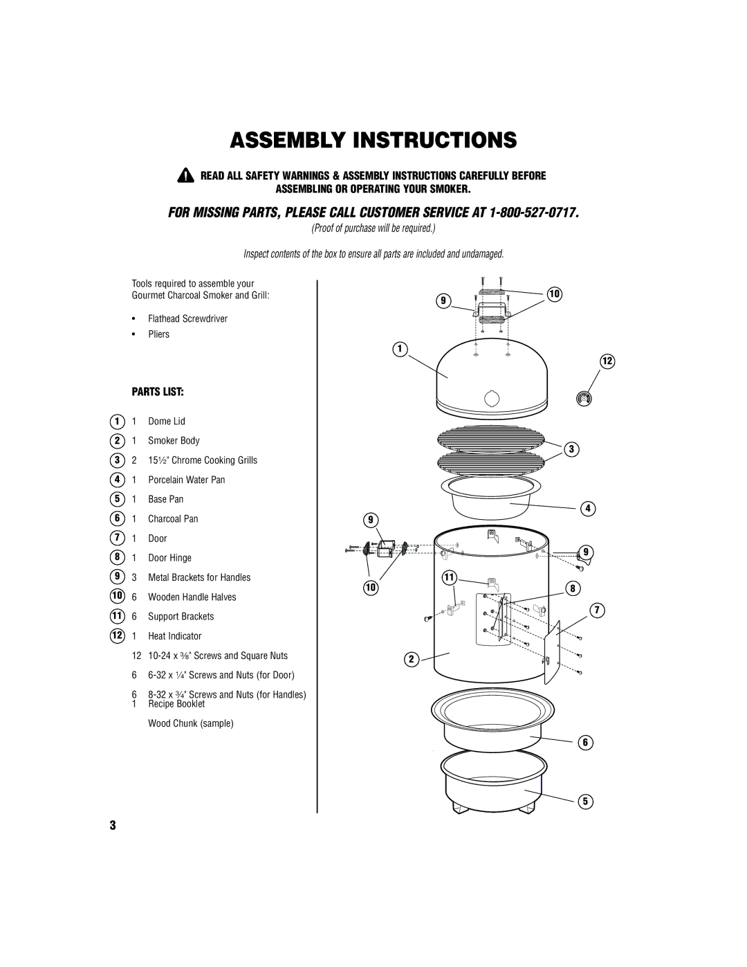 Brinkmann Smoker owner manual Assembly Instructions, Parts List 