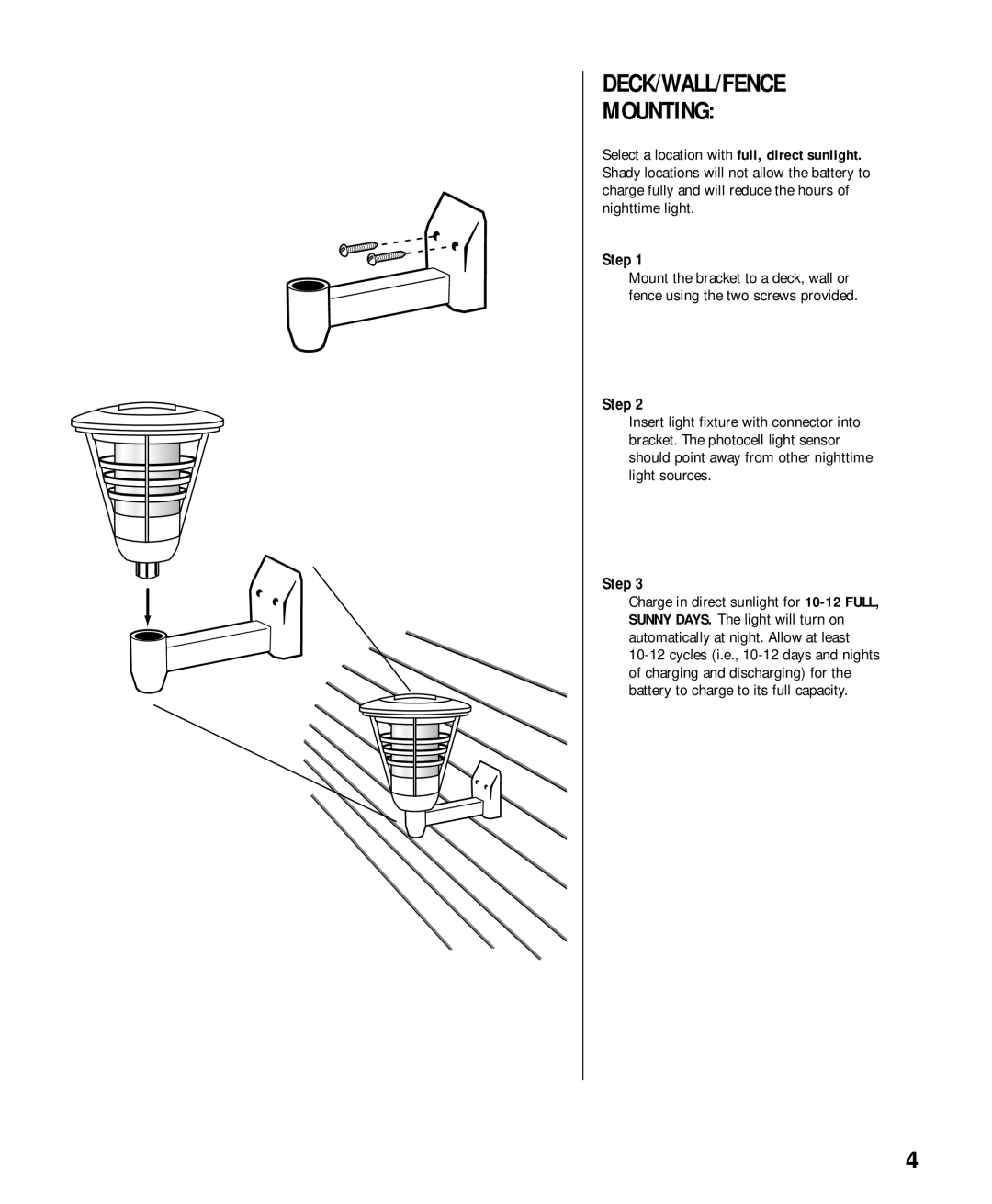 Brinkmann Solar Garden Accent Lights owner manual DECK/WALL/FENCE Mounting 