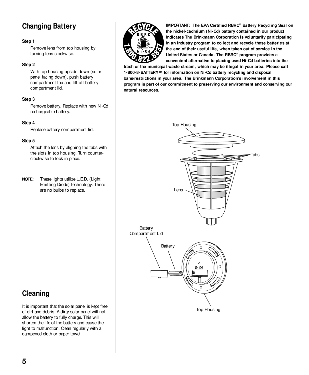 Brinkmann Solar Garden Accent Lights owner manual Changing Battery, Cleaning 