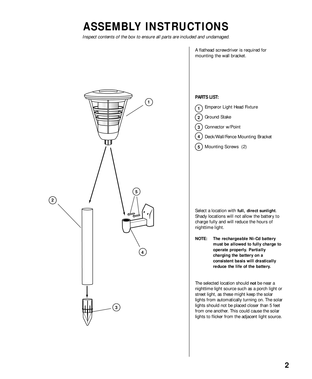 Brinkmann Solar Garden Accent Lights owner manual Assembly Instructions, Parts List 