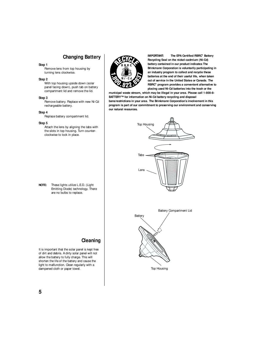 Brinkmann Solar Powered L.E.D. Garden Accent Light owner manual Changing Battery, Cleaning 