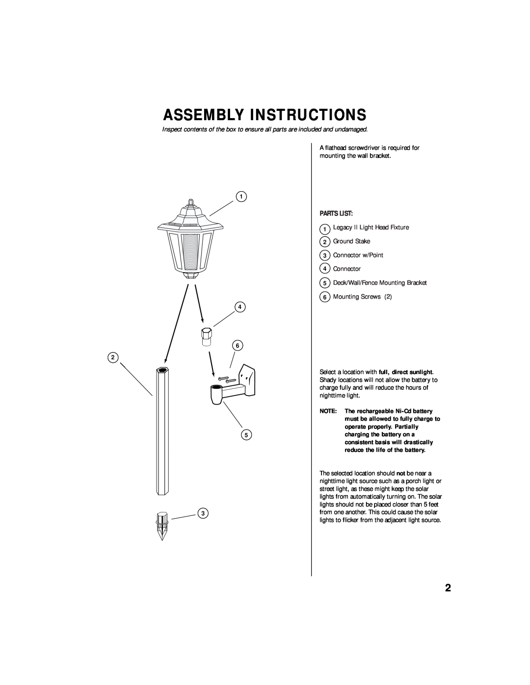 Brinkmann Solar Powered L.E.D. Garden Accent Light owner manual Assembly Instructions, Parts List, 1 4 6 