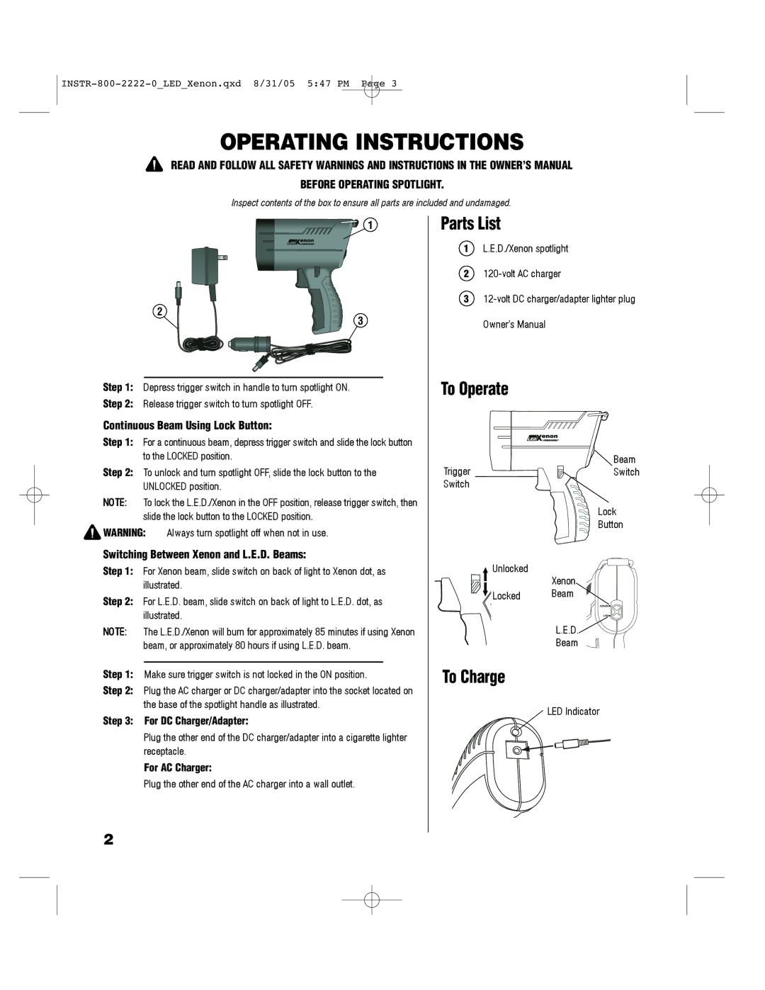 Brinkmann SpotLight owner manual Operating Instructions, To Charge 