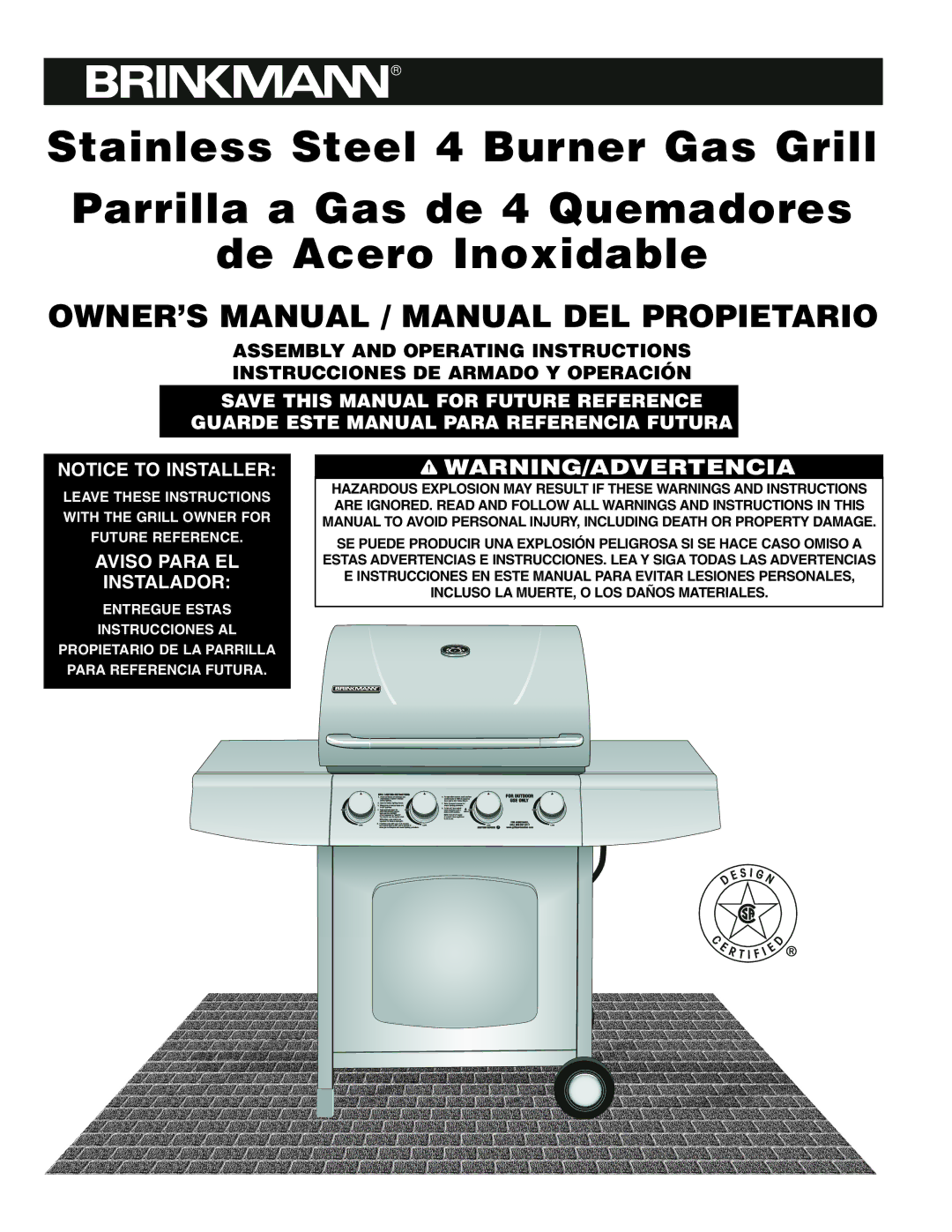 Brinkmann Stainless Steel 4 Burner Gas Grill owner manual Aviso Para EL Instalador 