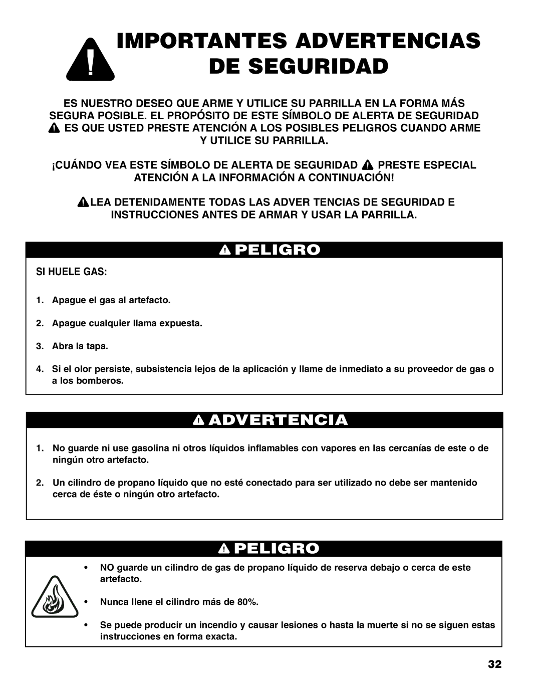 Brinkmann Stainless Steel 4 Burner Gas Grill owner manual Importantes Advertencias DE Seguridad, Peligro 