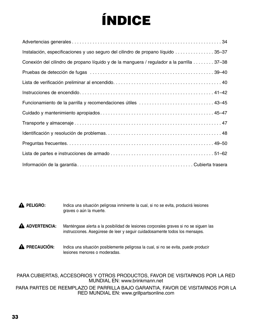 Brinkmann Stainless Steel 4 Burner Gas Grill owner manual Índice 