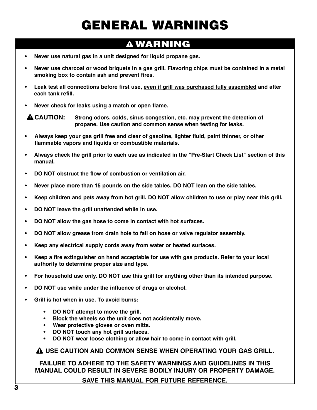 Brinkmann Stainless Steel 4 Burner Gas Grill owner manual General Warnings 