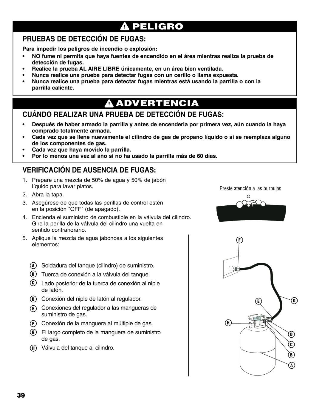 Brinkmann Stainless Steel 4 Burner Gas Grill owner manual Pruebas DE Detección DE Fugas, Verificación DE Ausencia DE Fugas 