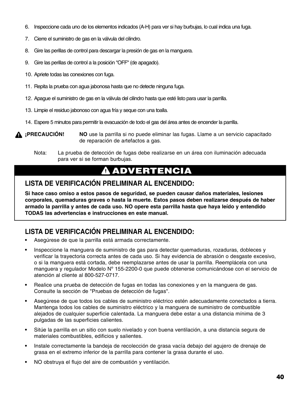 Brinkmann Stainless Steel 4 Burner Gas Grill owner manual Lista DE Verificación Preliminar AL Encendido, ¡Precaución 