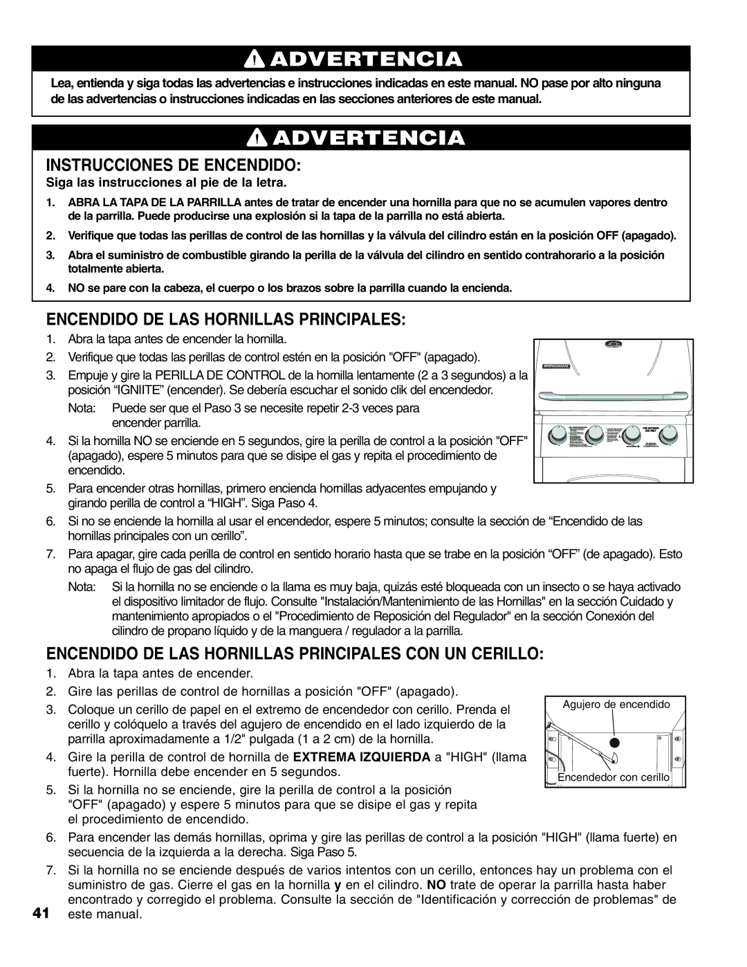 Brinkmann Stainless Steel 4 Burner Gas Grill Instrucciones DE Encendido, Encendido DE LAS Hornillas Principales 