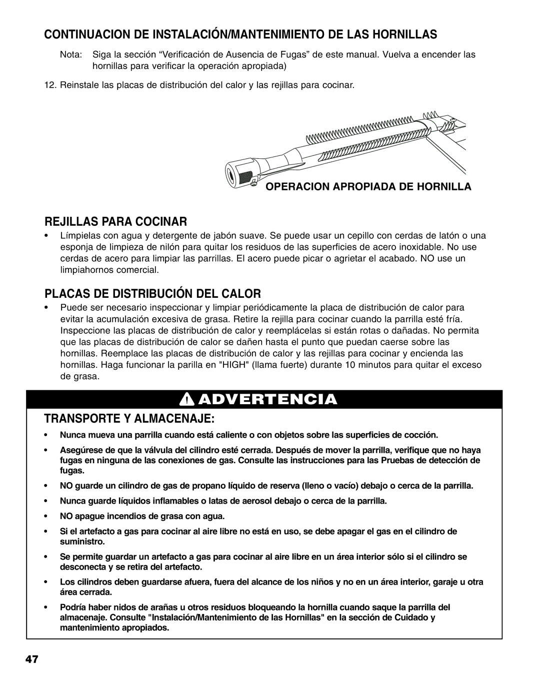 Brinkmann Stainless Steel 4 Burner Gas Grill owner manual Continuacion DE INSTALACIÓN/MANTENIMIENTO DE LAS Hornillas 