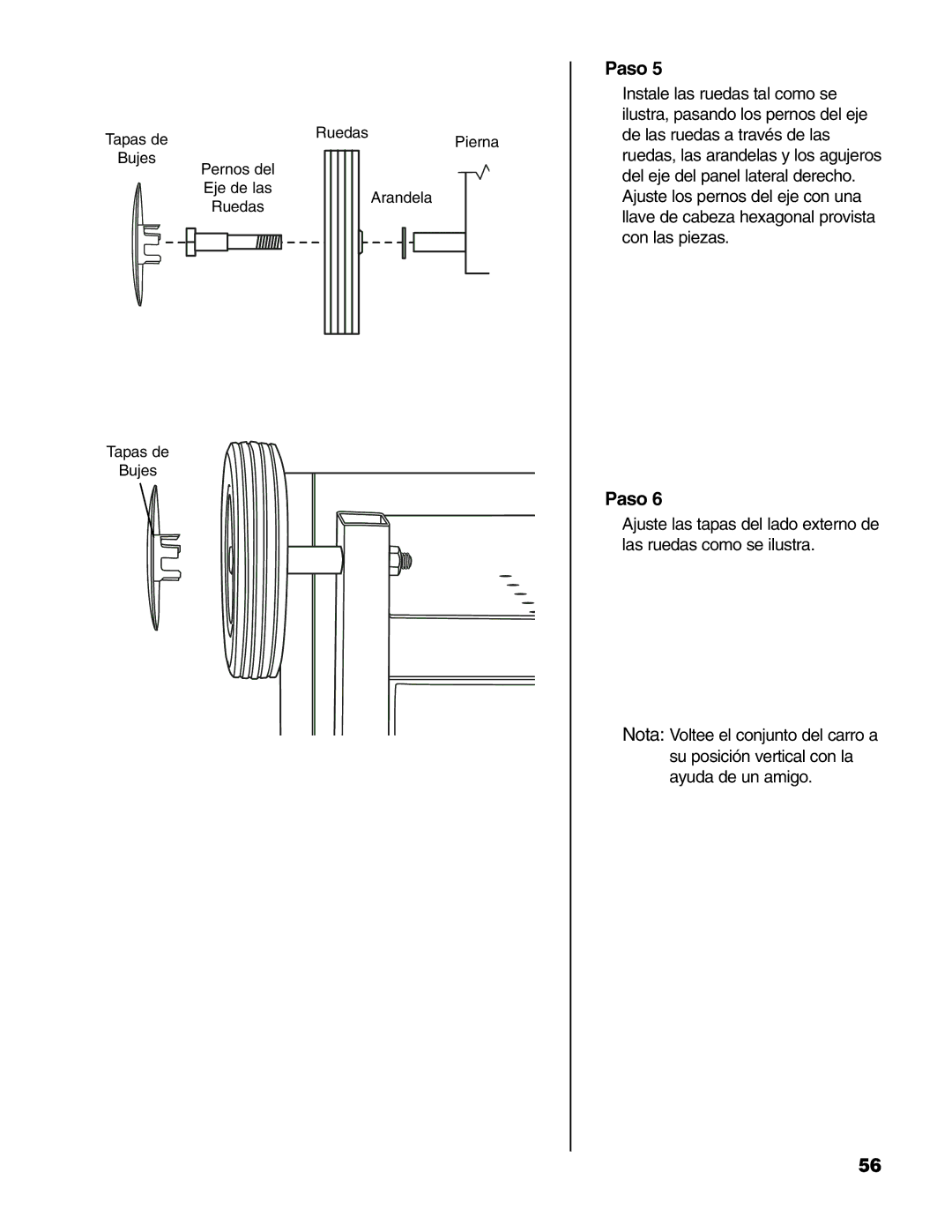 Brinkmann Stainless Steel 4 Burner Gas Grill owner manual Tapas de Ruedas Pierna Bujes Pernos del Eje de las Arandela 