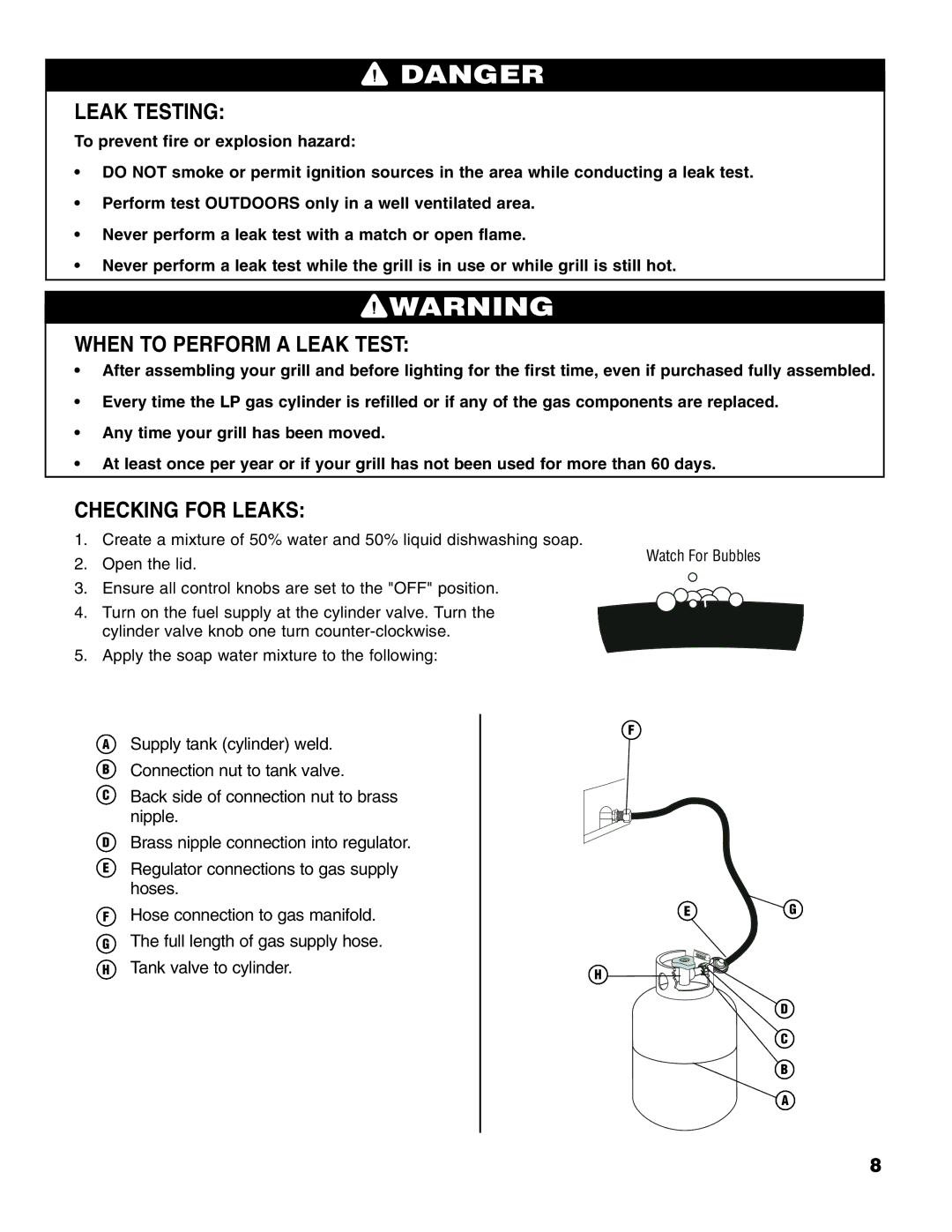 Brinkmann Stainless Steel 4 Burner Gas Grill owner manual Leak Testing, When to Perform a Leak Test, Checking for Leaks 