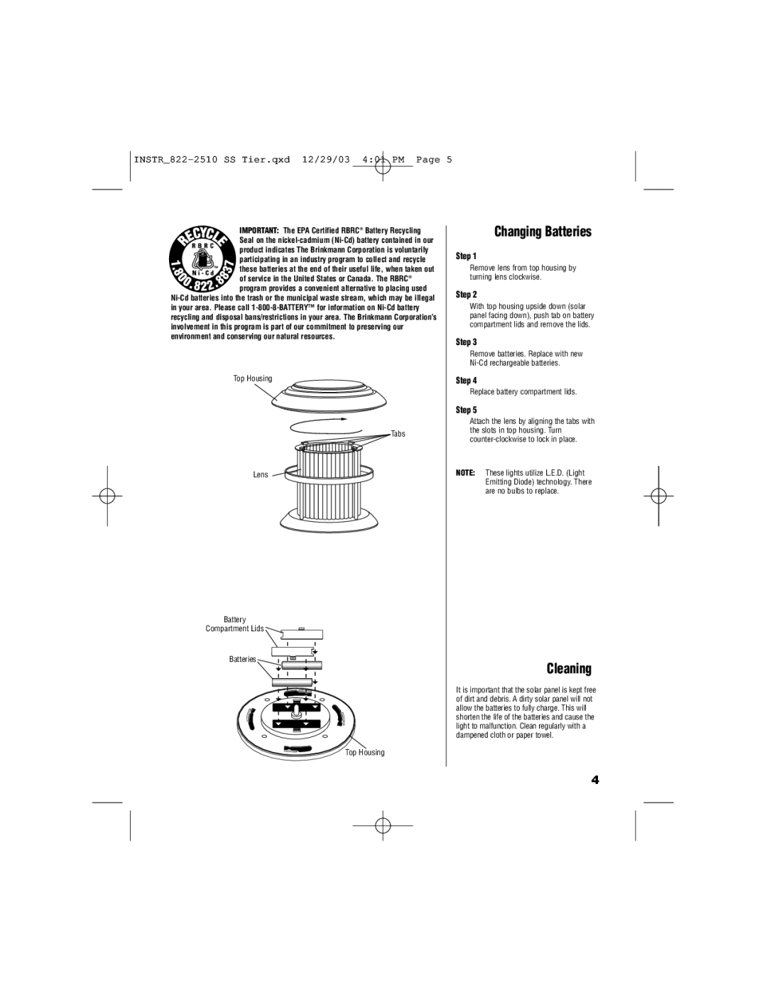 Brinkmann Stainless Steel Tier owner manual Changing Batteries, Cleaning 