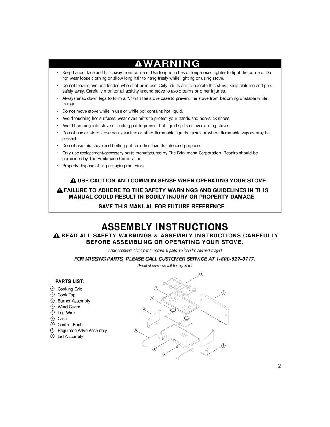 Brinkmann Two Burner owner manual Assembly Instructions, For Missing PARTS, Please Call Customer Service AT 