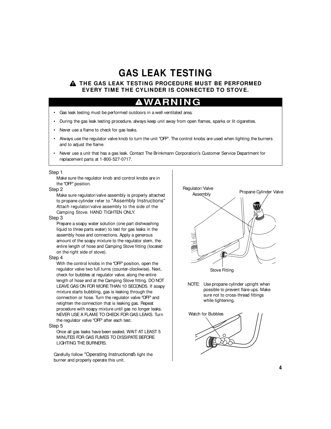 Brinkmann Two Burner owner manual GAS Leak Testing 