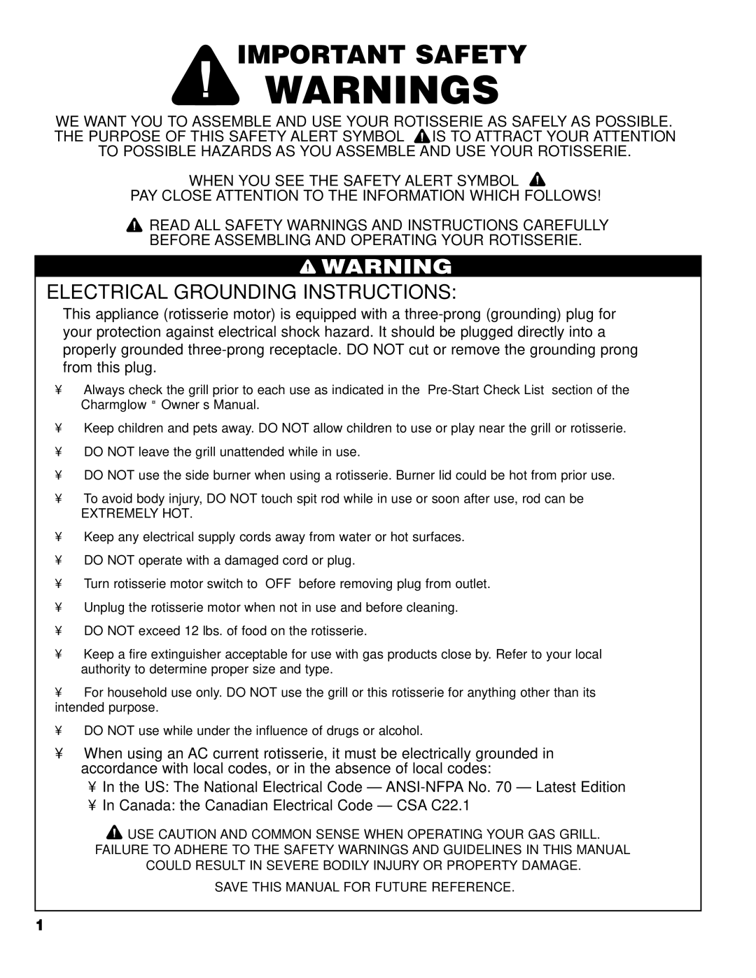 Brinkmann Universal Rotisserie manual Important Safety, Electrical Grounding Instructions 