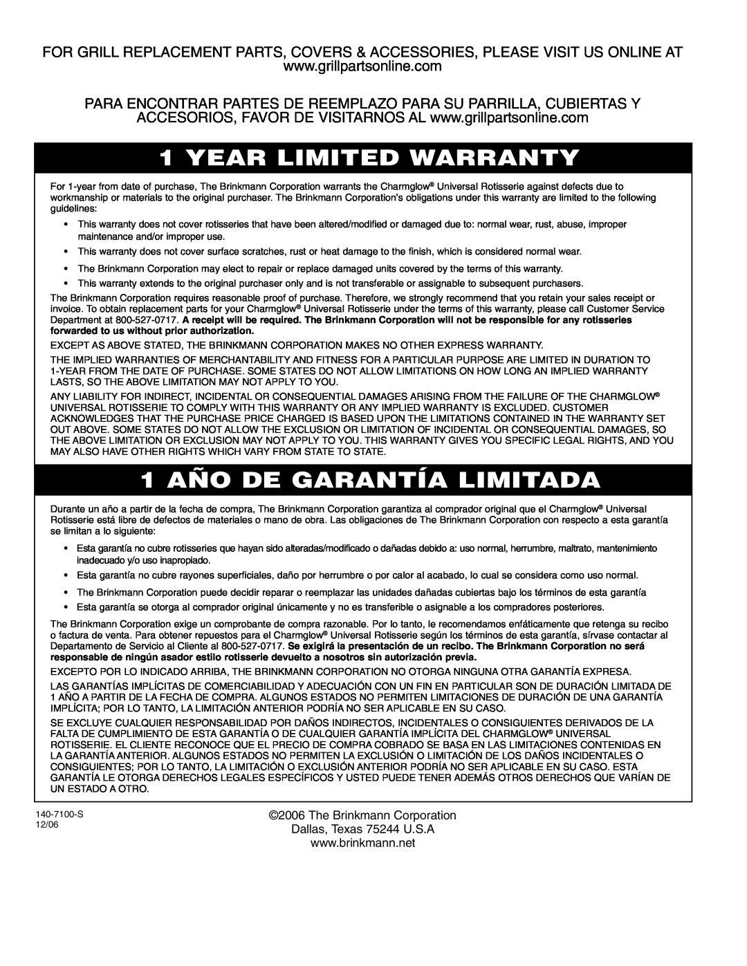 Brinkmann Universal Rotisserie manual Year Limited Warranty, 1 AÑO DE GARANTÍA LIMITADA 