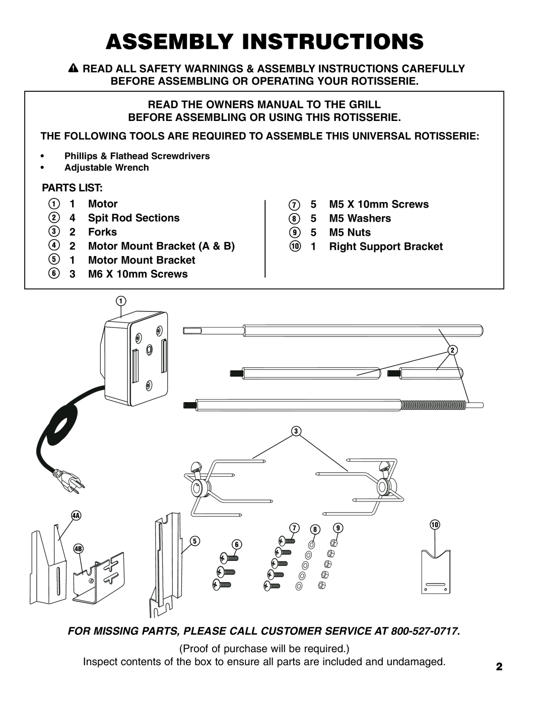 Brinkmann Universal Rotisserie manual Assembly Instructions, Proof of purchase will be required 