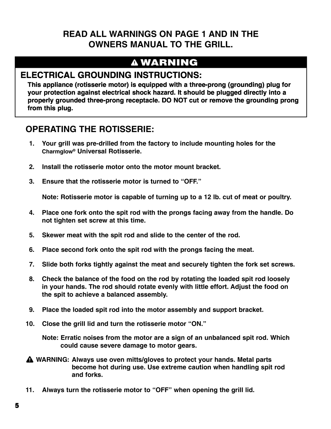 Brinkmann Universal Rotisserie manual Operating The Rotisserie, Electrical Grounding Instructions 