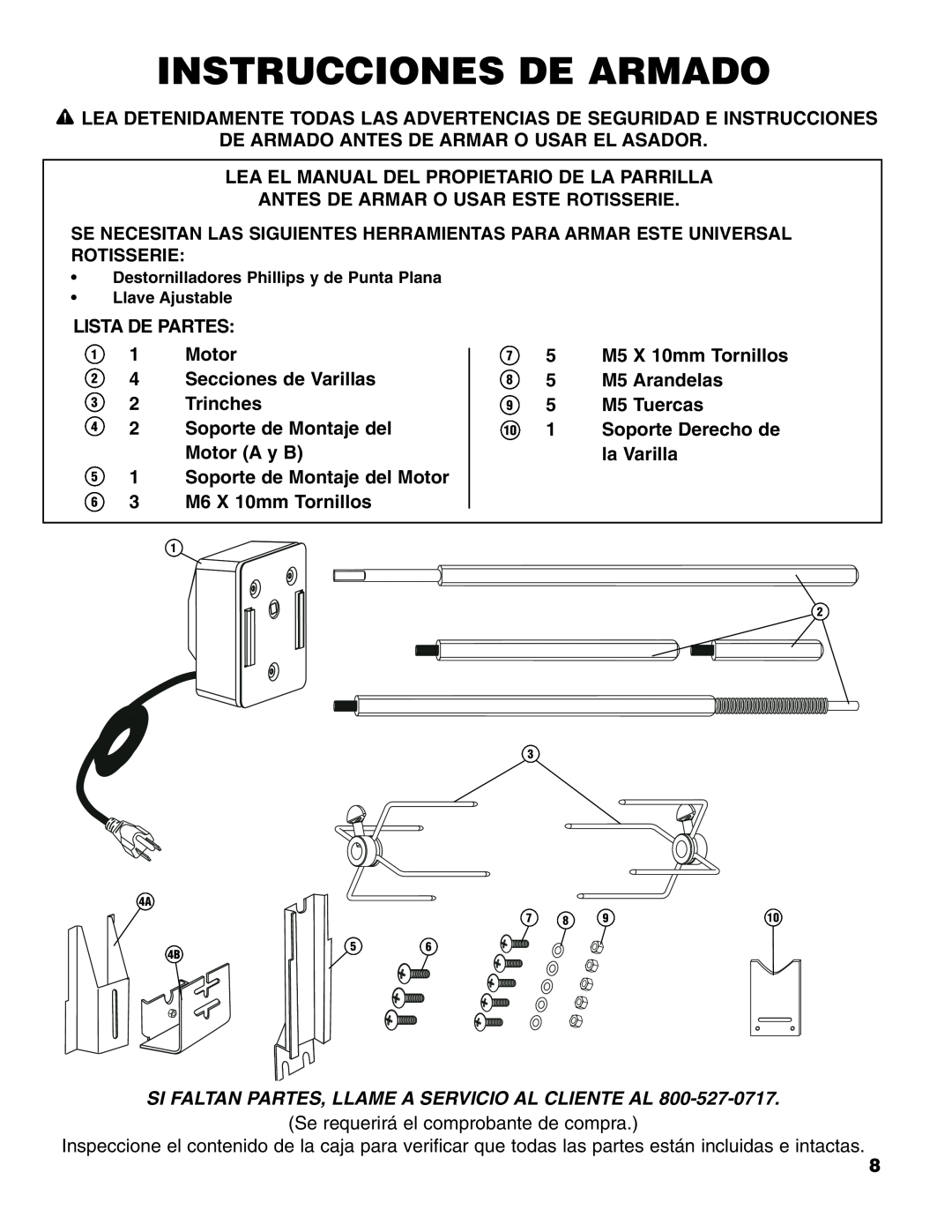 Brinkmann Universal Rotisserie manual Instrucciones De Armado, Si Faltan Partes, Llame A Servicio Al Cliente Al 