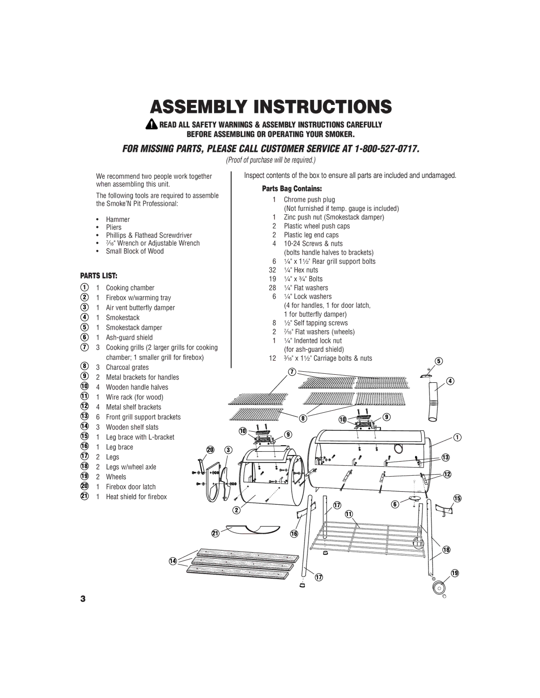 Brinkmann Wood Smoker/Grill owner manual Assembly Instructions, Parts Bag Contains 