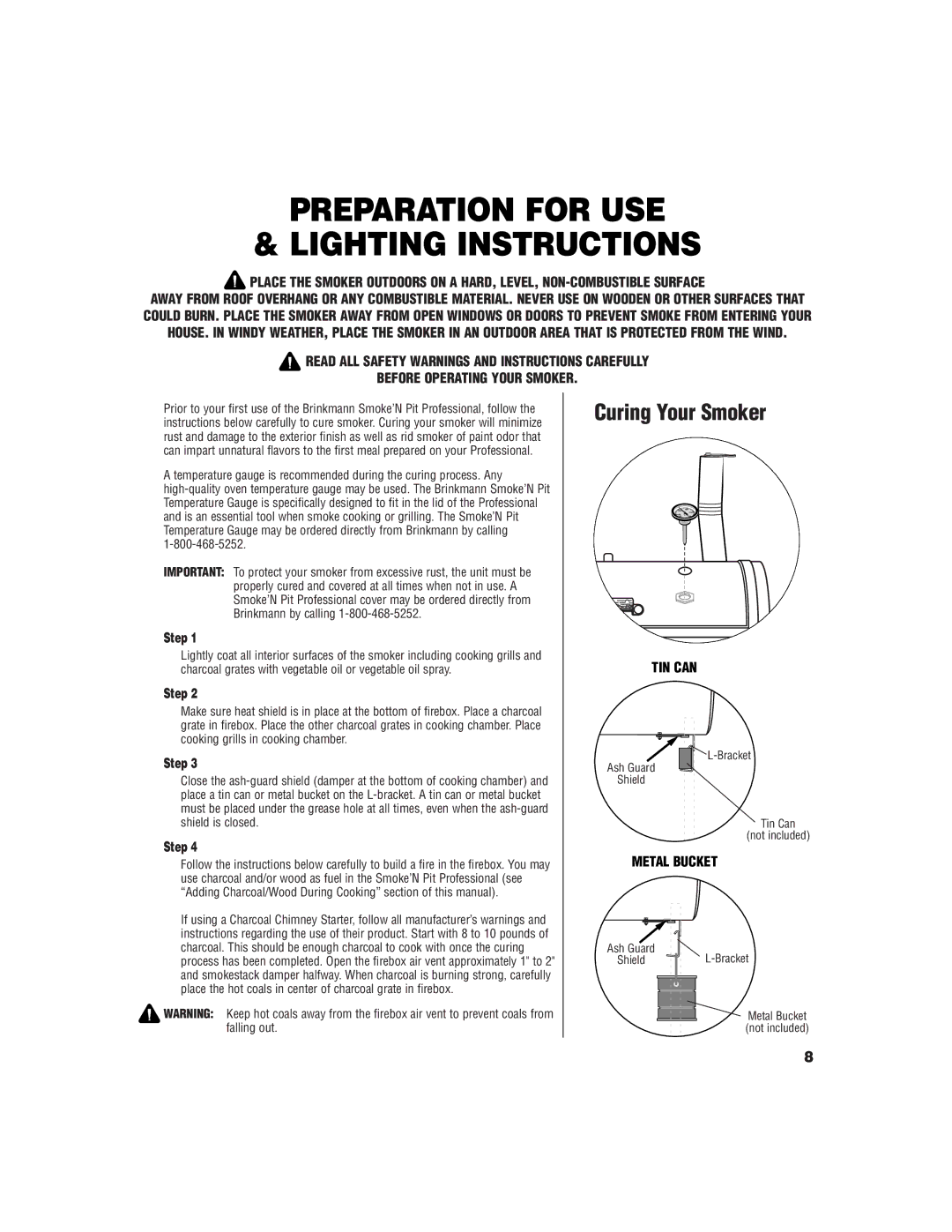 Brinkmann Wood Smoker/Grill owner manual Preparation for USE Lighting Instructions, Curing Your Smoker 