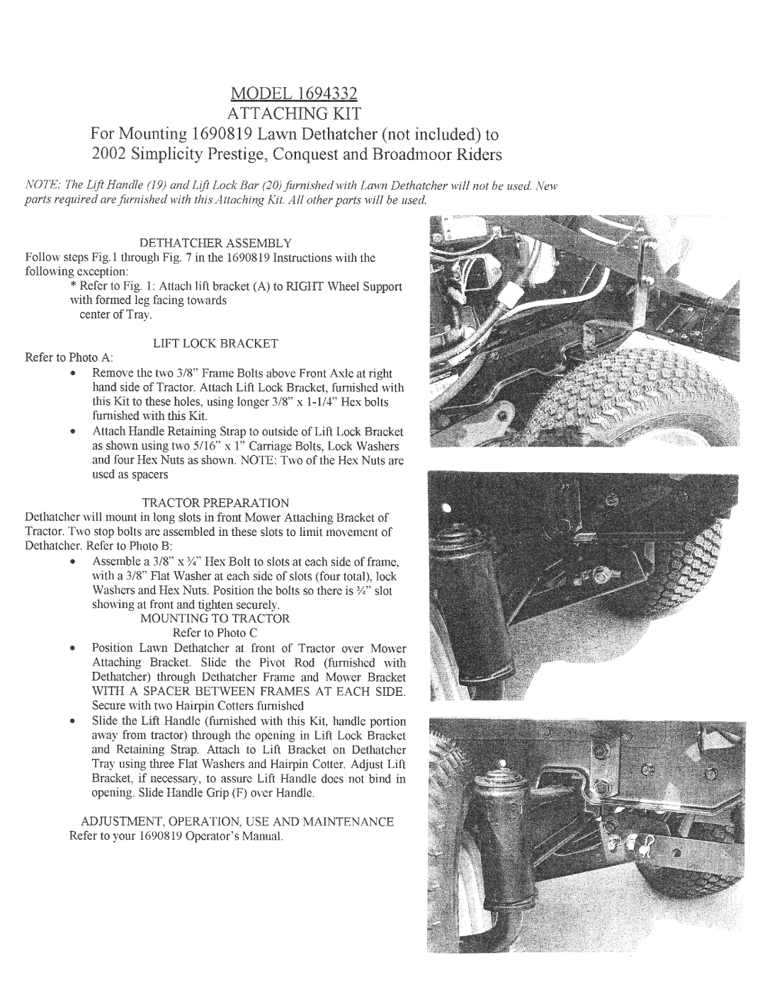 Brinly-Hardy 1694332 installation instructions Installation Instructions 