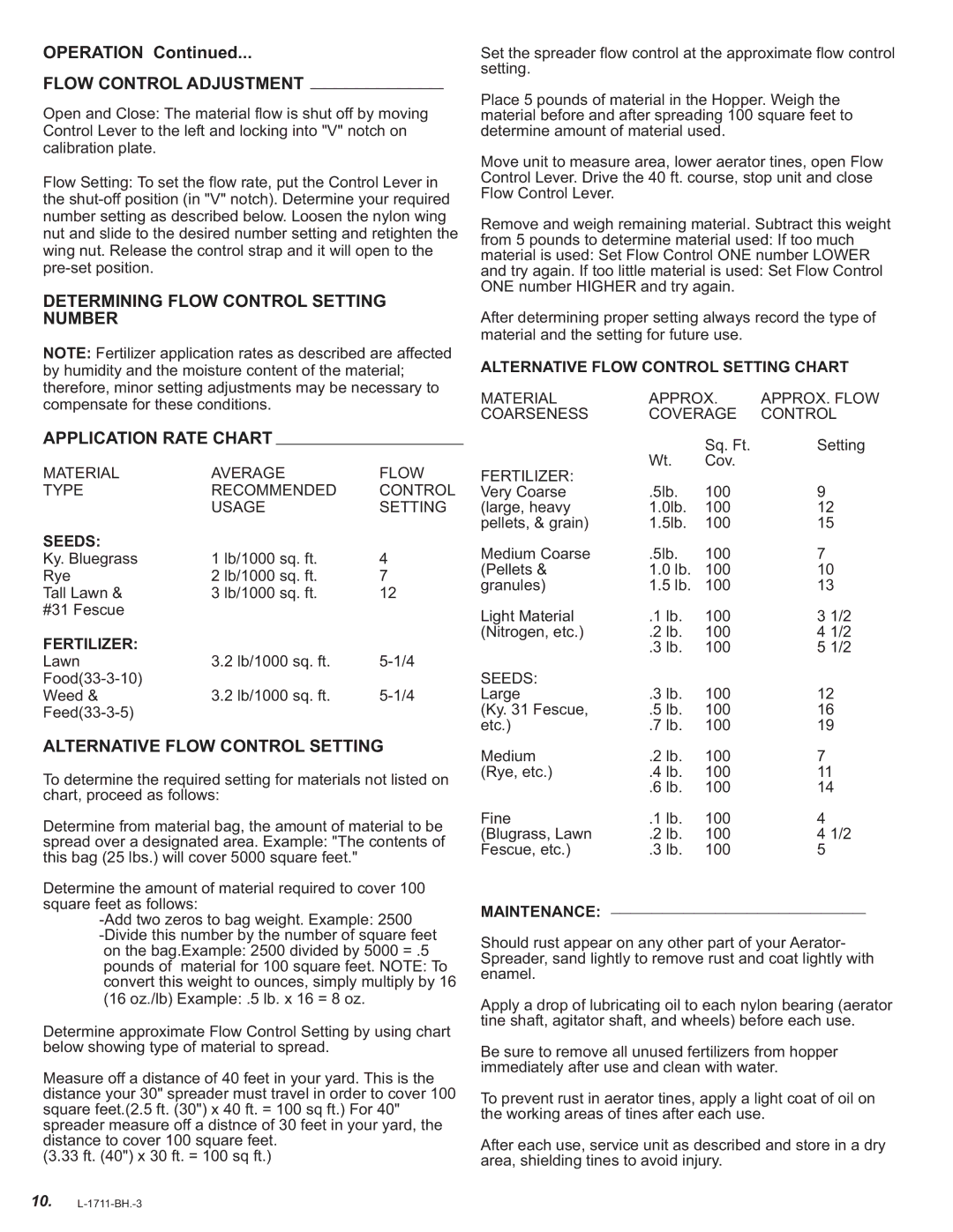 Brinly-Hardy AS-40 BH, AS-30 BH owner manual Flow Control Adjustment 