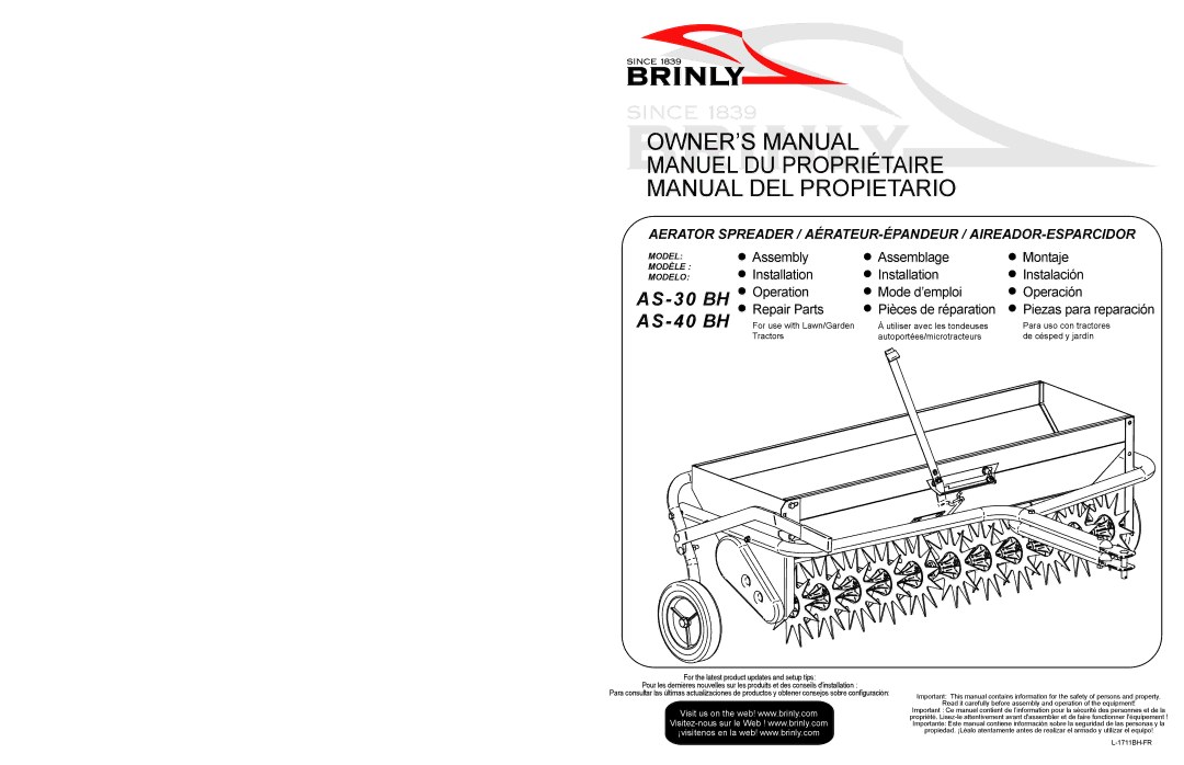 Brinly-Hardy AS-30 BH, AS-40 BH owner manual Manuel DU Propriétaire Manual DEL Propietario 