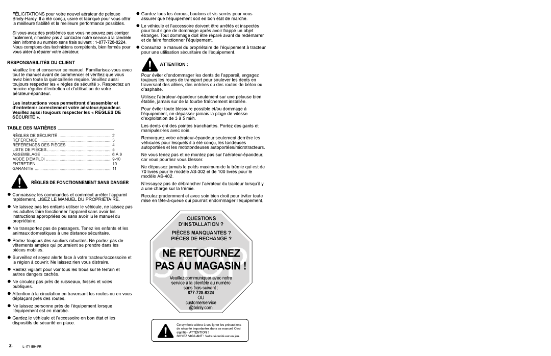 Brinly-Hardy AS-40 BH, AS-30 BH owner manual PAS AU Magasin 