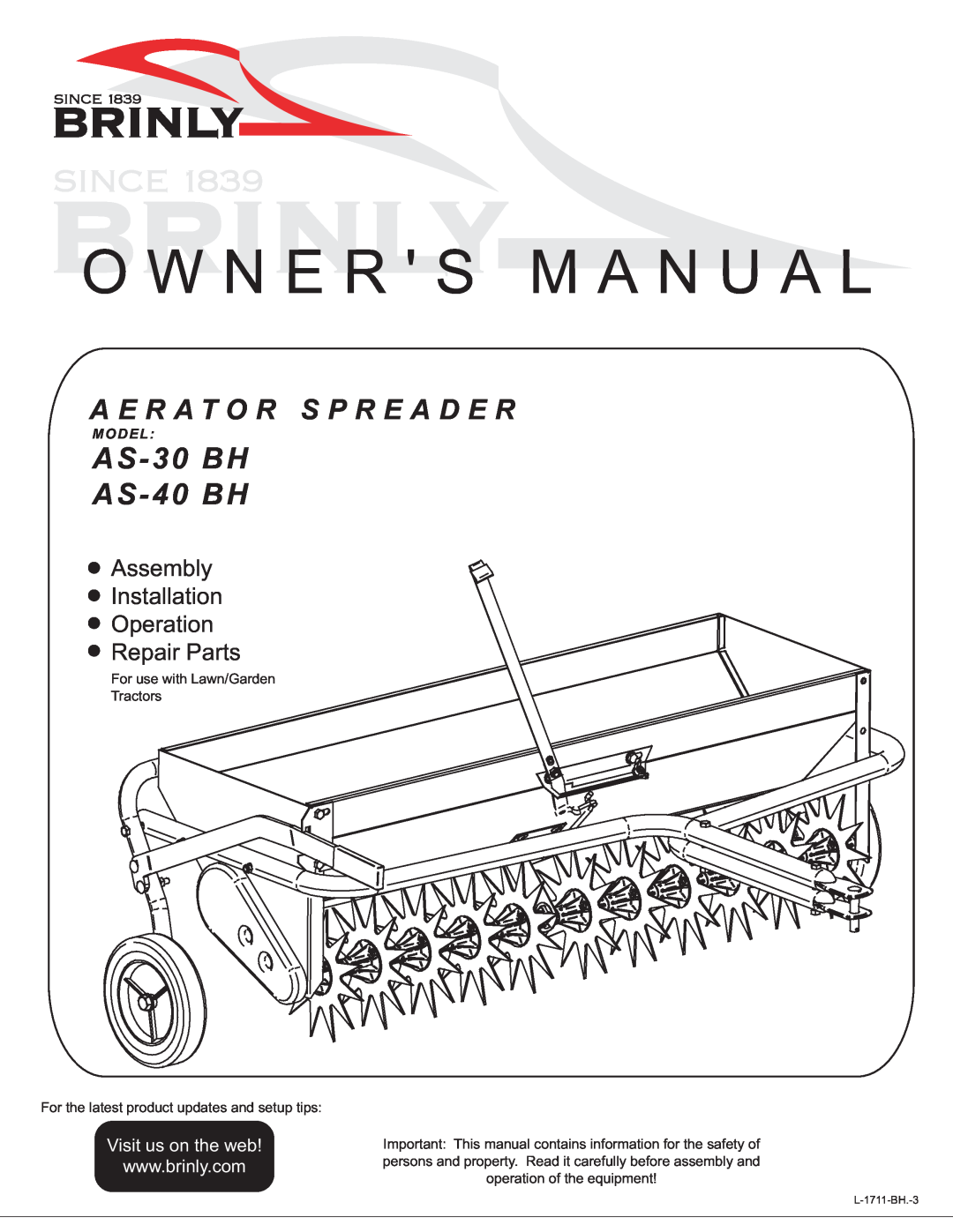 Brinly-Hardy AS-30 BH owner manual AS-40 BH, Aerator Spreader / Aérateur-Épandeur / Aireador-Esparcidor 