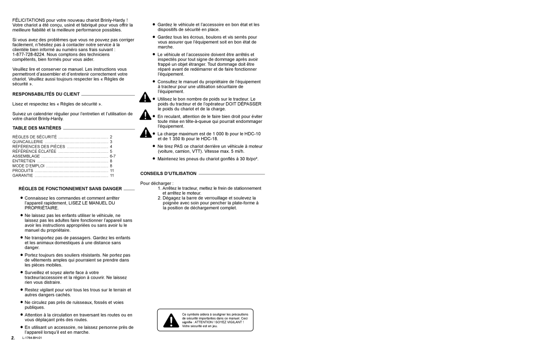 Brinly-Hardy hdc-18, hdc-10 owner manual Responsabilités DU Client 