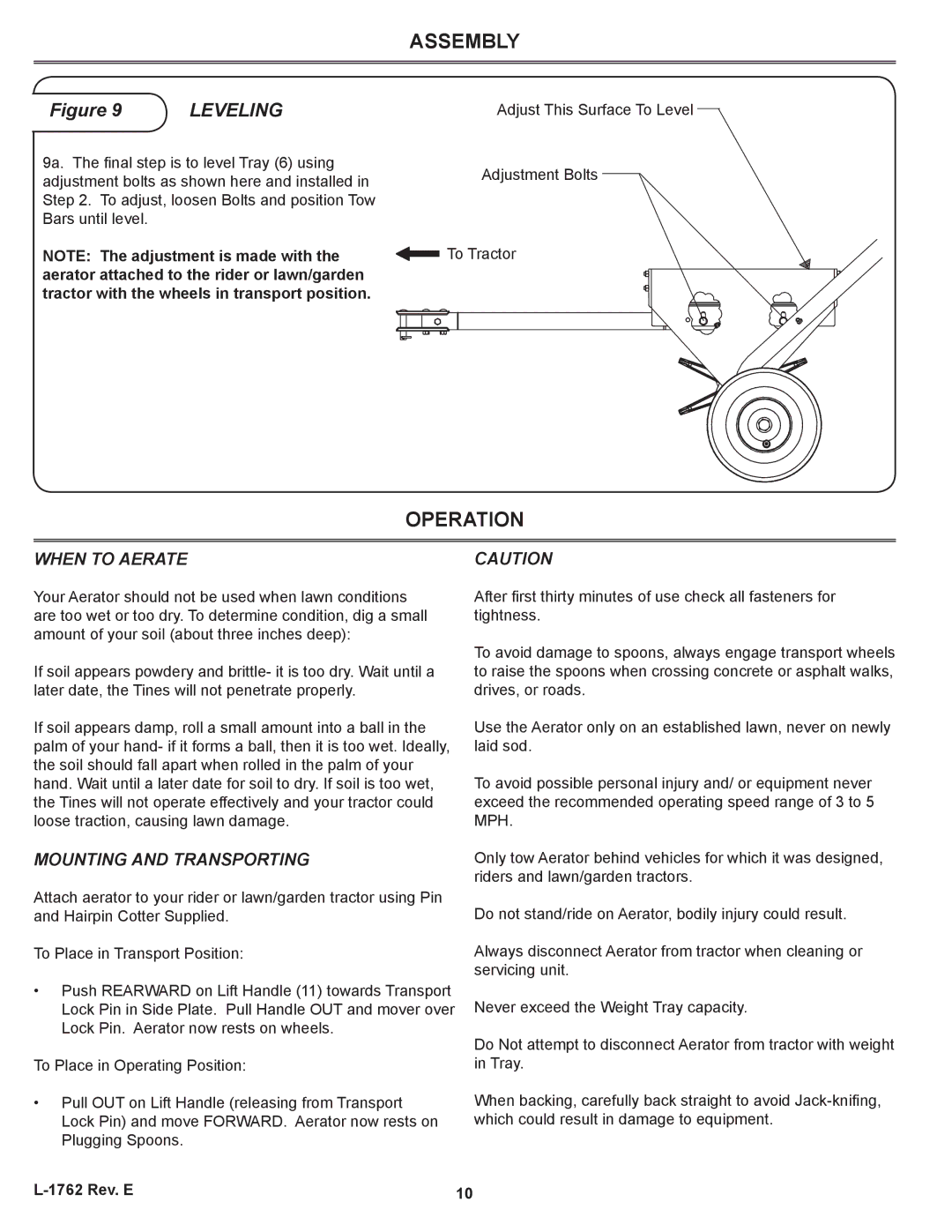 Brinly-Hardy PA-48 BH, PA-40 BH owner manual Operation, When to Aerate, Mounting and Transporting 