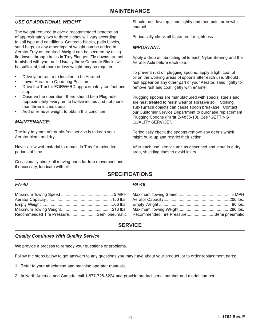 Brinly-Hardy PA-40 BH, PA-48 BH owner manual Maintenance, Specifications, Service, USE of Additional Weight 