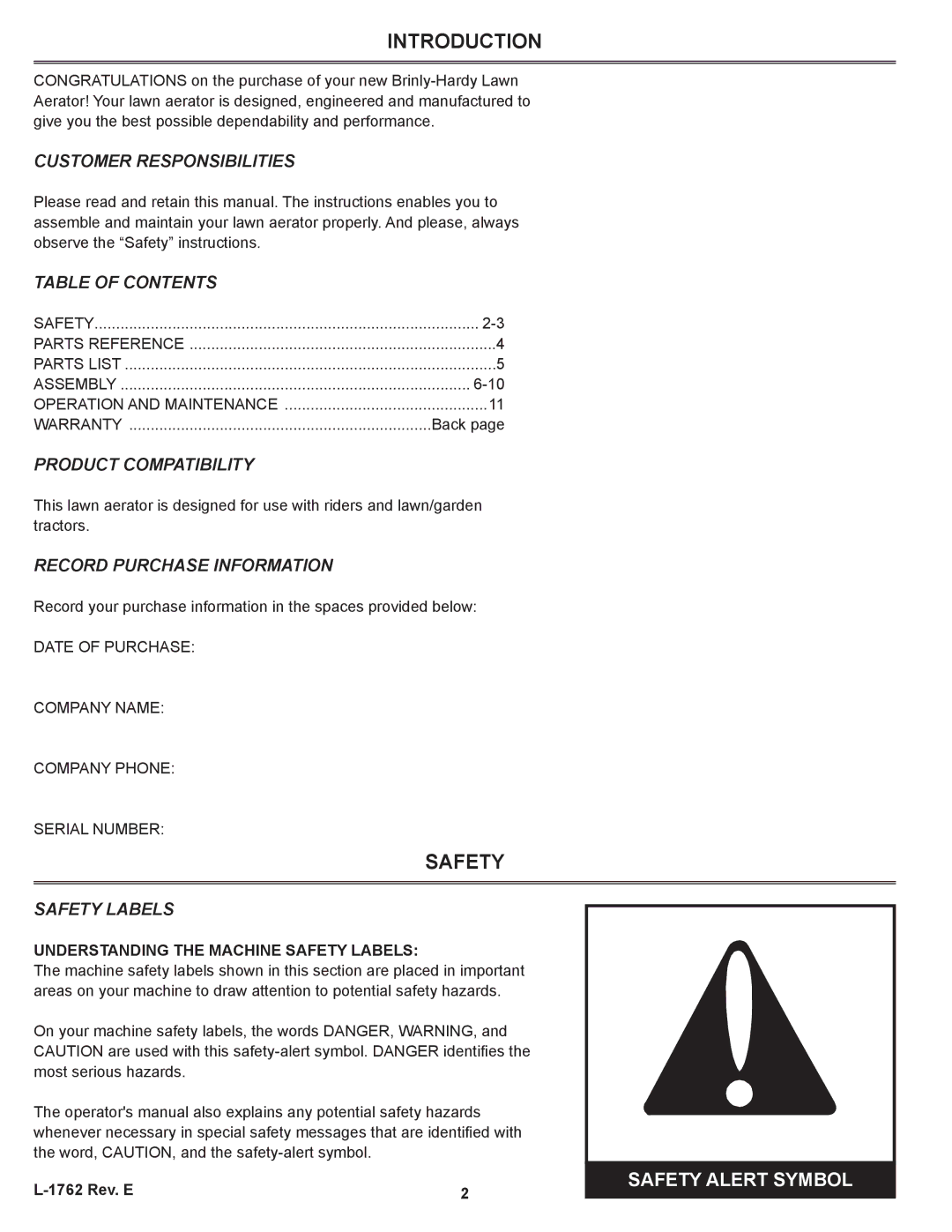 Brinly-Hardy PA-48 BH, PA-40 BH owner manual Introduction, Safety 