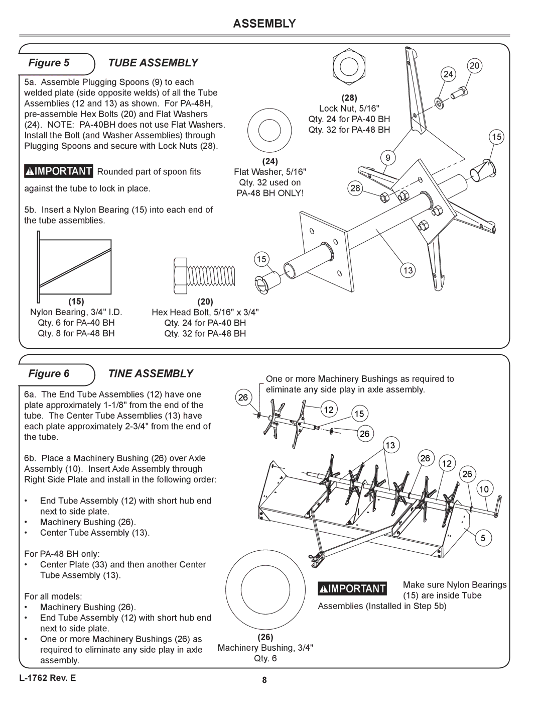 Brinly-Hardy PA-48 BH, PA-40 BH owner manual Tine Assembly 