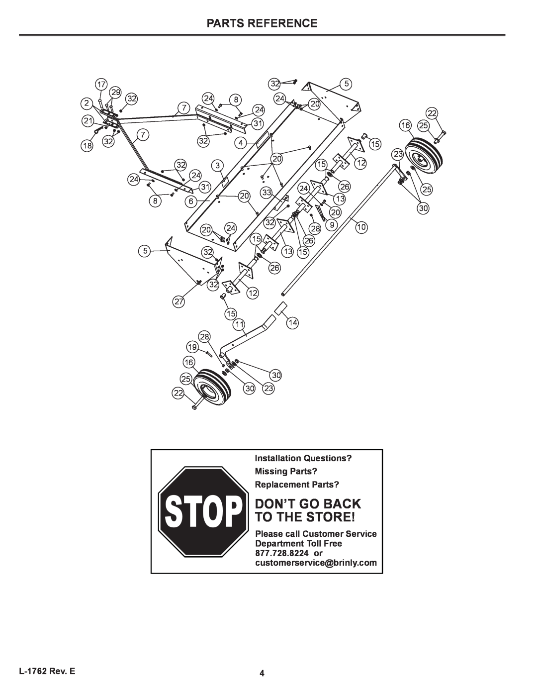 Brinly-Hardy PA-48 BH, PA-40 BH owner manual Parts Reference, Stop Don’T Go Back To The Store 