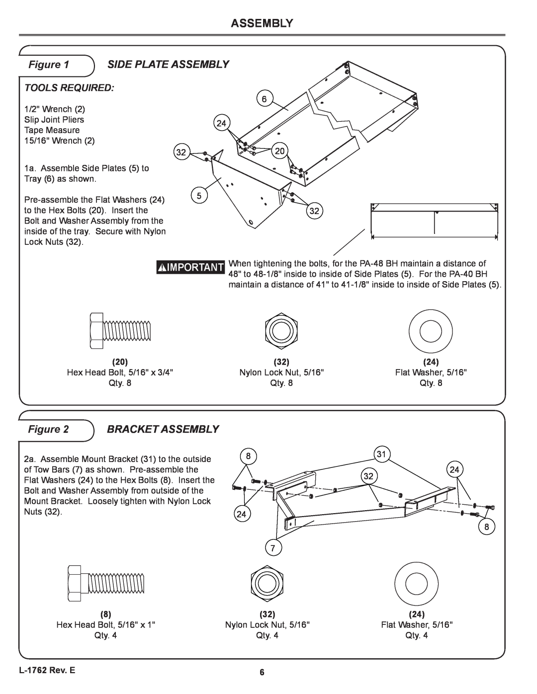 Brinly-Hardy PA-48 BH, PA-40 BH owner manual Side Plate Assembly, Bracket Assembly, Tools Required 