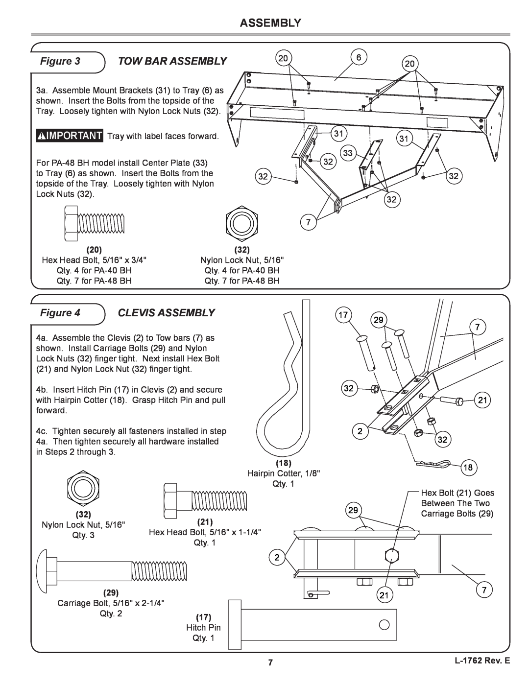 Brinly-Hardy PA-40 BH, PA-48 BH owner manual Clevis Assembly, 17 32 2, 7 21 32 18, Tow Bar Assembly 