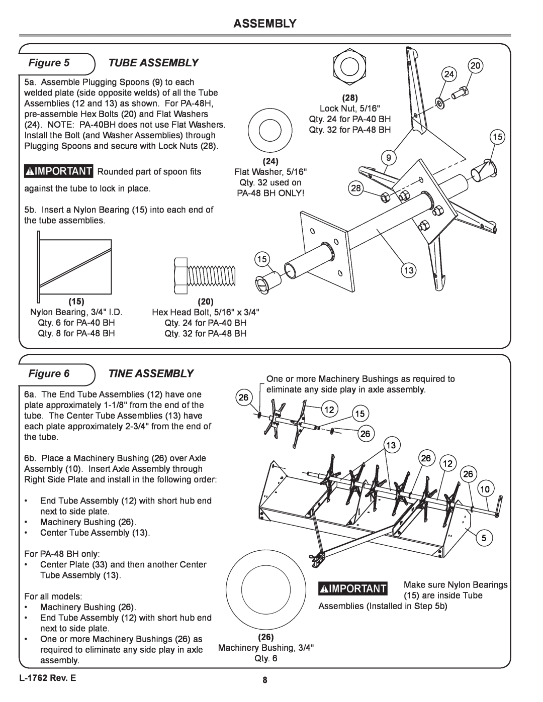Brinly-Hardy PA-48 BH, PA-40 BH owner manual Tube Assembly, Figure, Tine Assembly, 10 5 