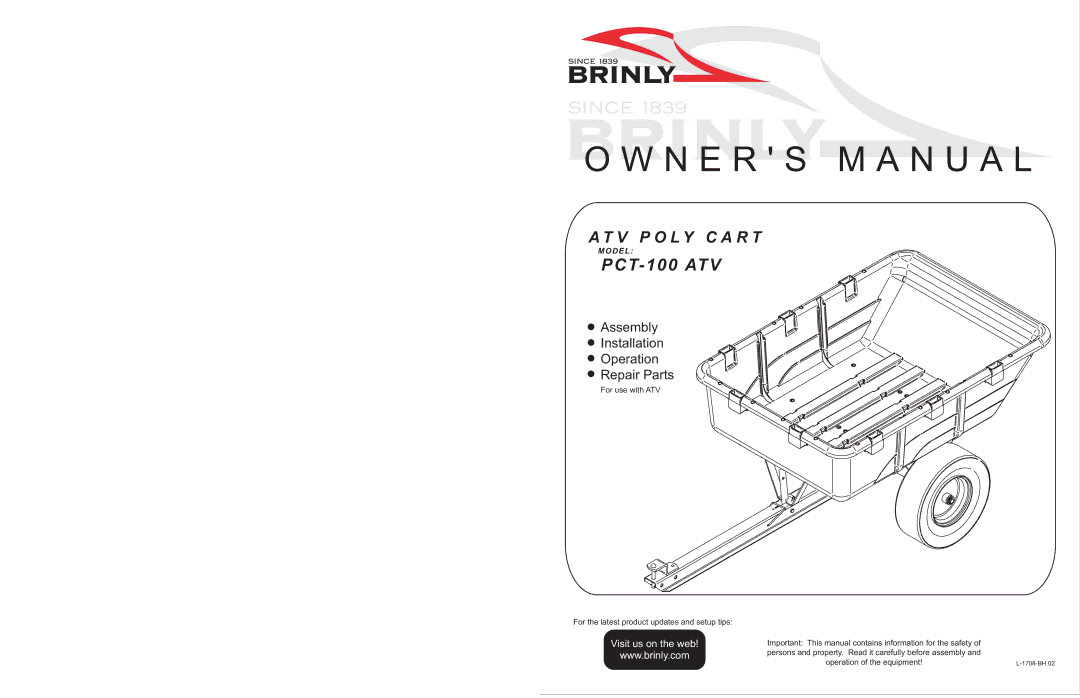 Brinly-Hardy ATV Poly Cart, PCT-100 ARV owner manual N E R S M a N U a L 