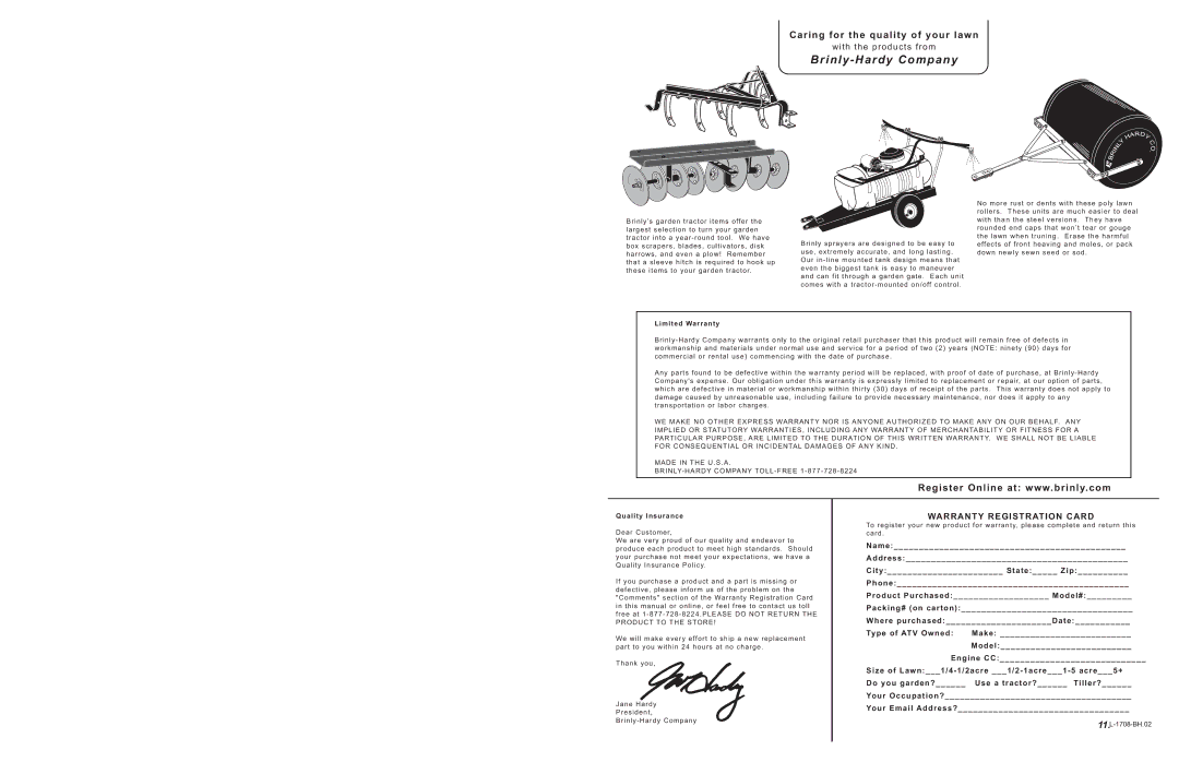 Brinly-Hardy ATV Poly Cart, PCT-100 ARV owner manual Brinly-Hardy Company 